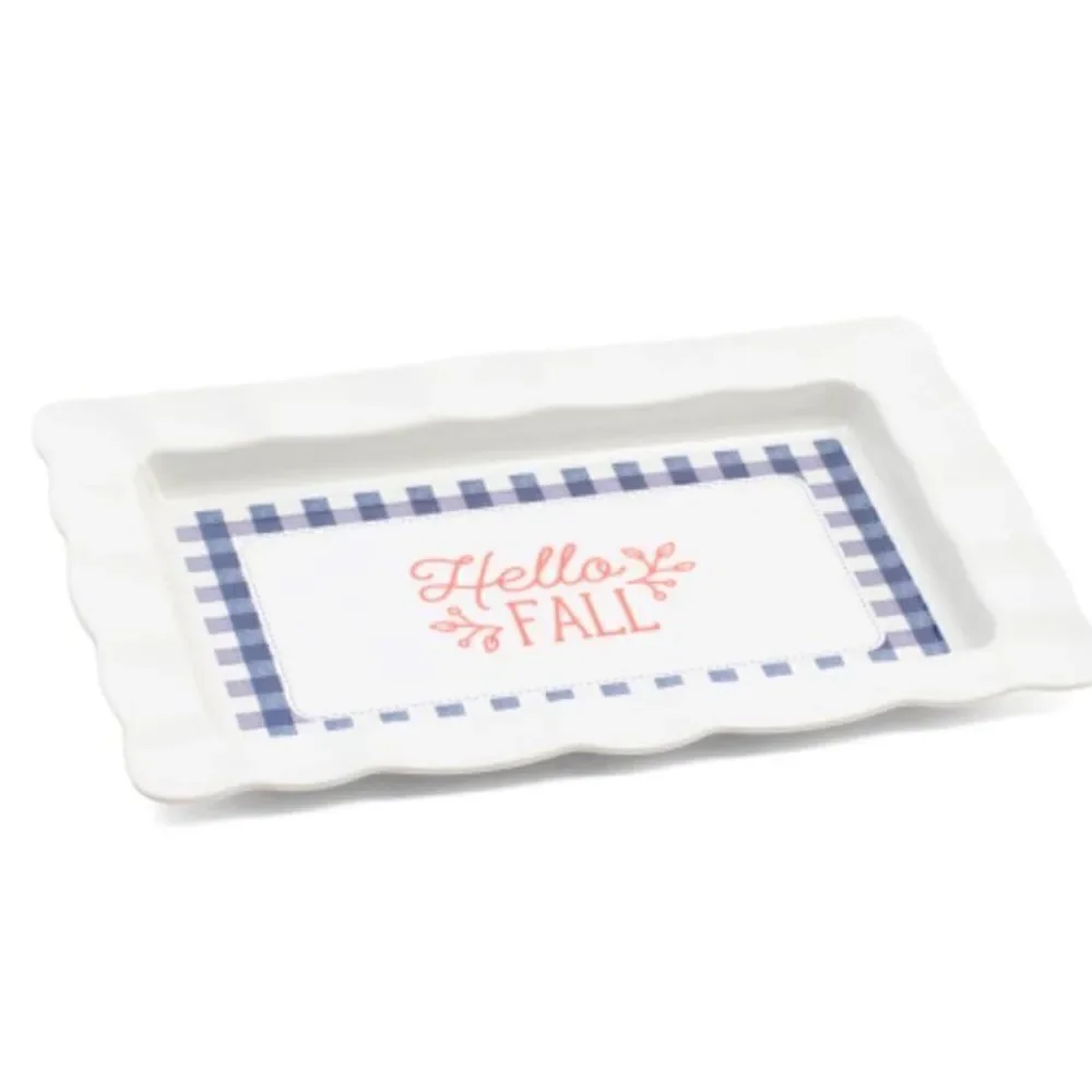 Shabby Chic Fluted Edge Gingham Border Hello Fall Melamine Serving Tray NWT